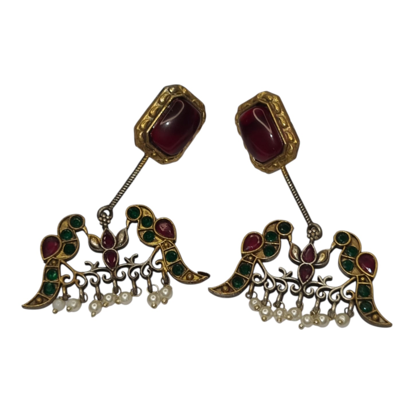 Antique Dual Parrot Drop Earrings with Pearl Tassels