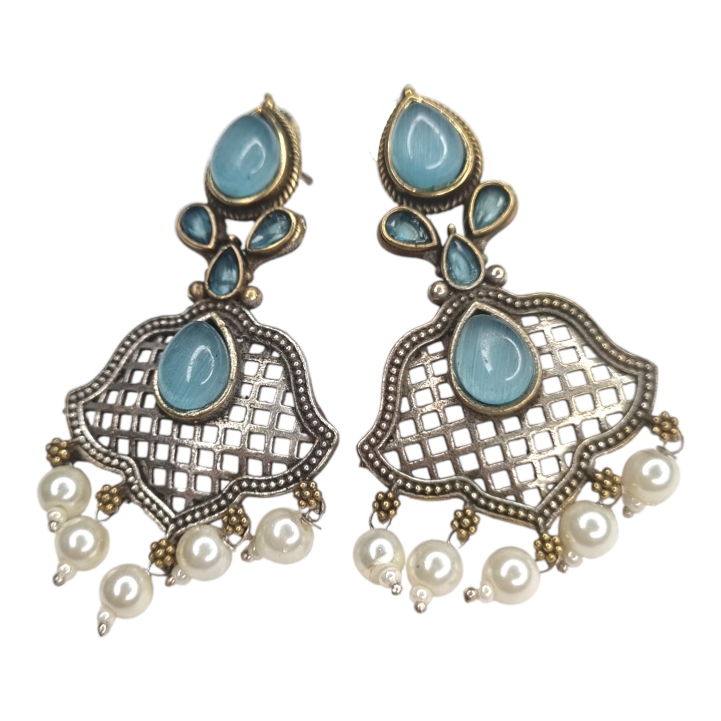 Oxidized Brass Blue Stone & Pearl Drop Earrings | Lattice Ethnic Design