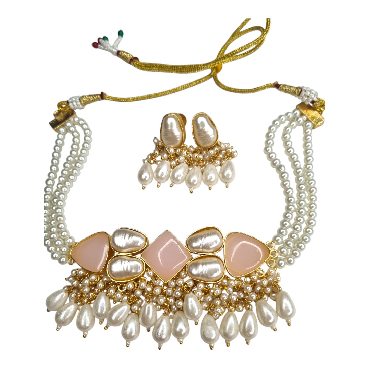 Layer Pearl Choker Necklace with Pink Kundan Style Stones | Indian Wedding Jewelry Set