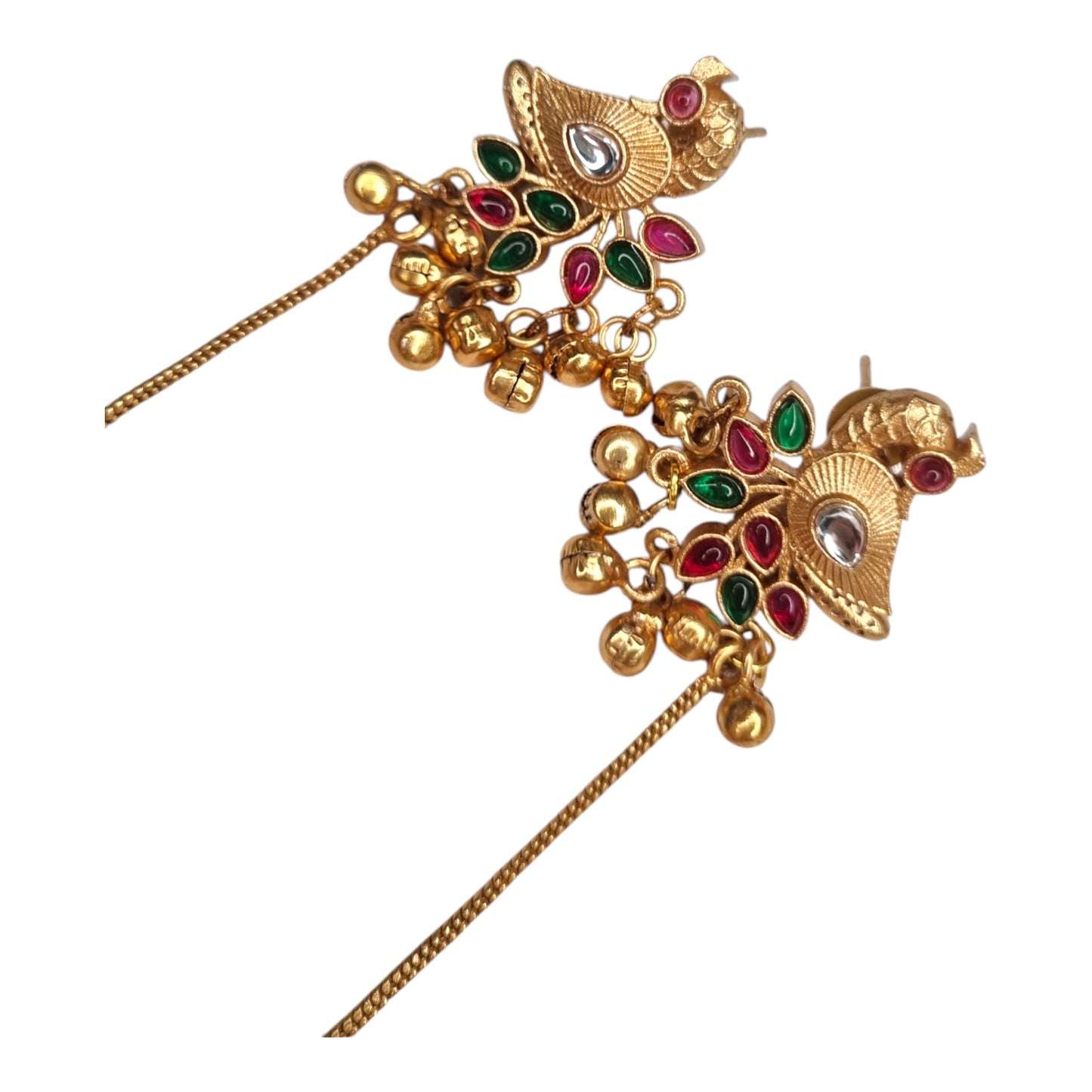 Traditional Kashmiri Dejhoor Brass Earrings with Ruby and Emerald Stones, Gold-Toned
