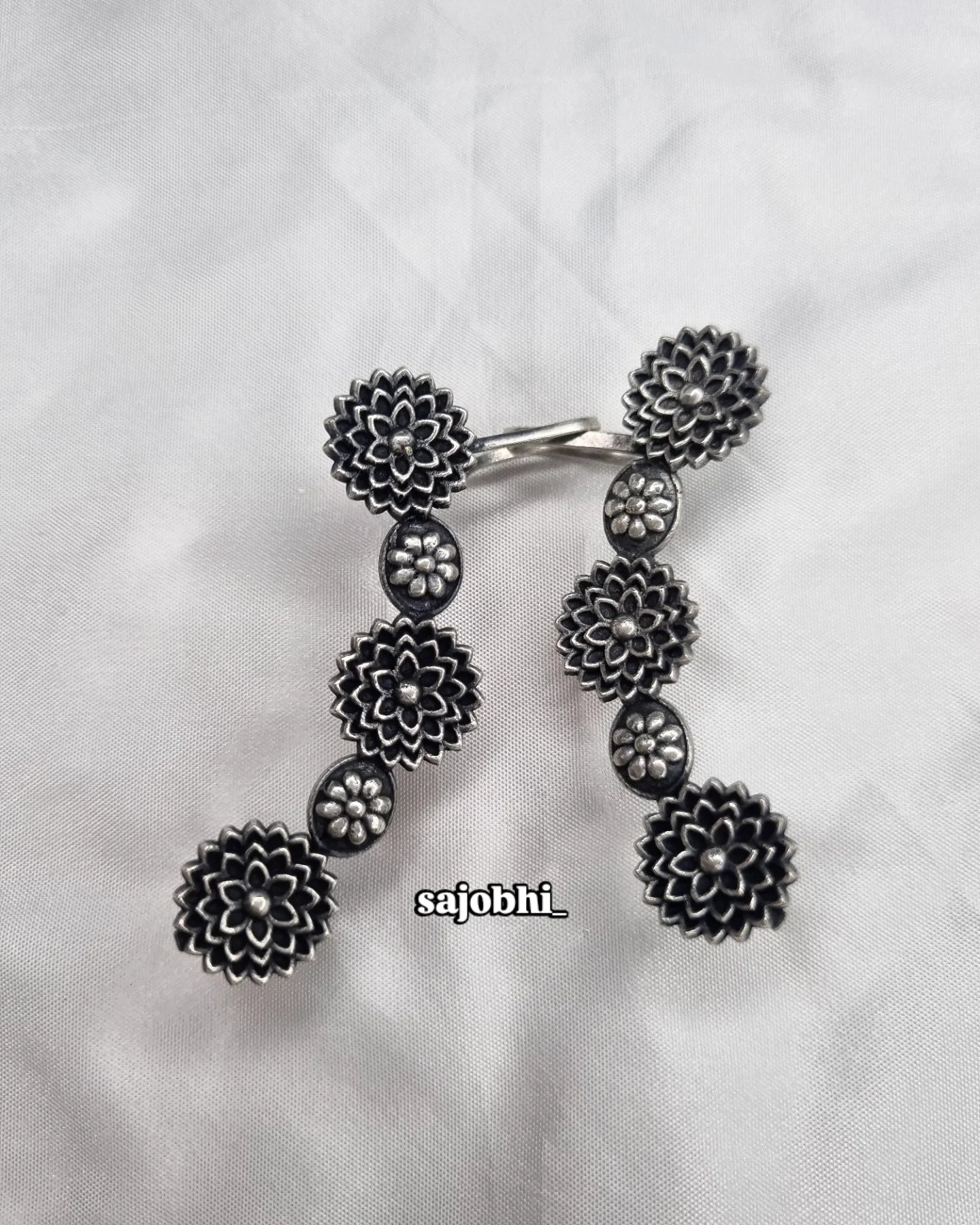 Sajobhi™ Vintage Oxidized Flower Chain Earrings | Traditional Dangler Jewellery