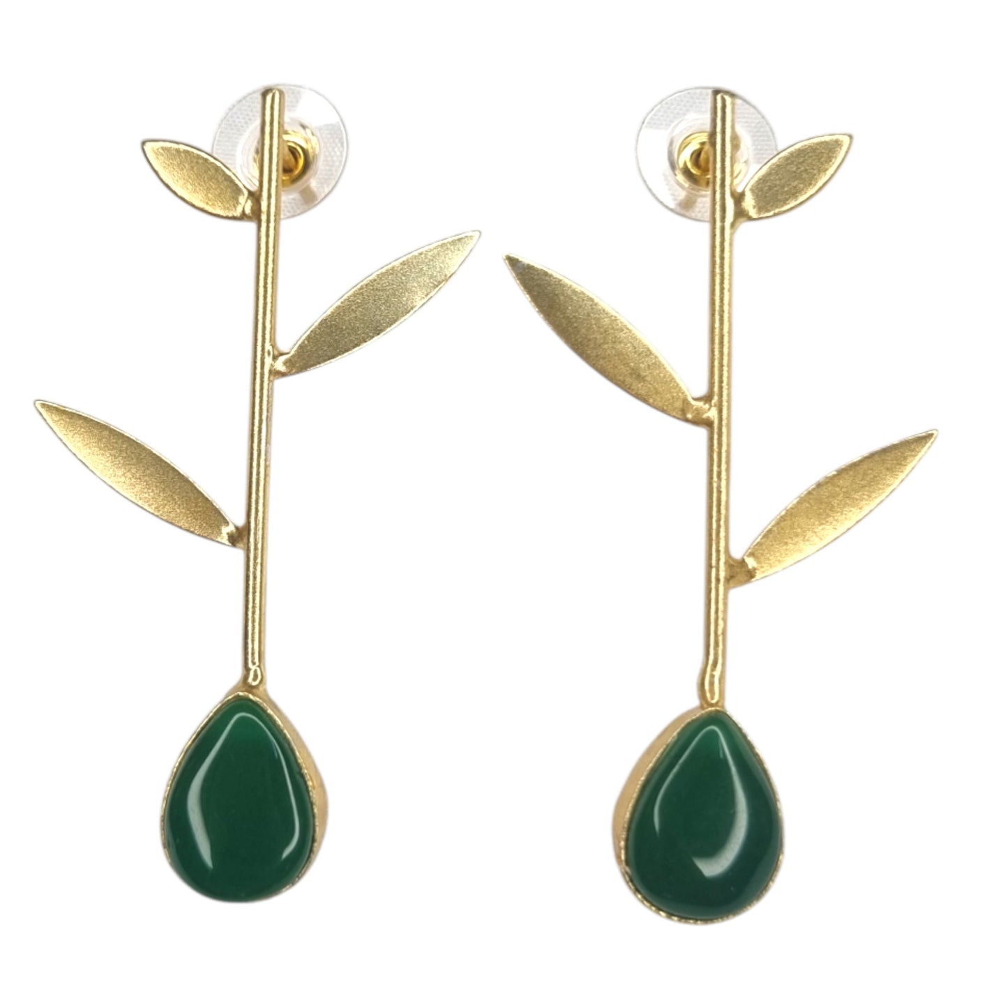 Elegant Green Stone & Gold Leaf Drop Earrings