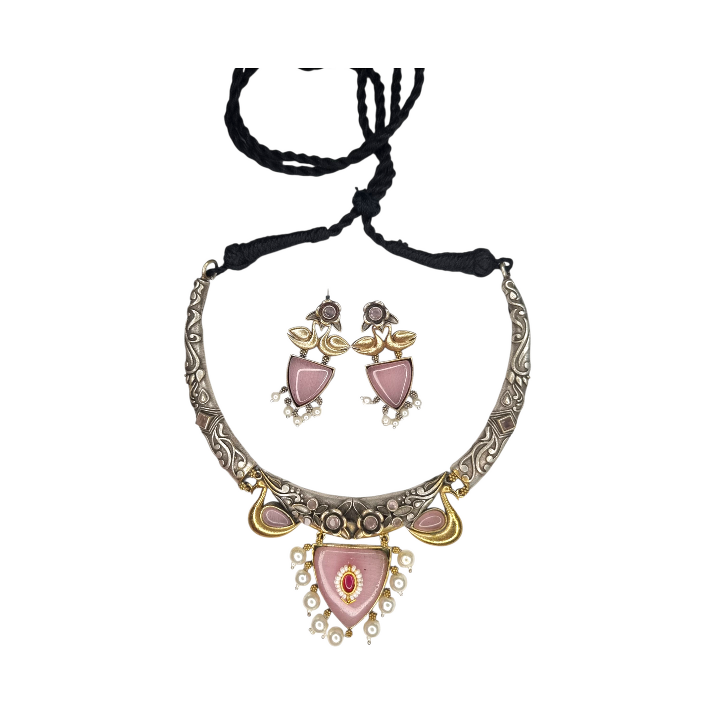 Bohemian Tribal Oxidized Silver & Pink Enamel Necklace Set with Earrings for Women & Girls