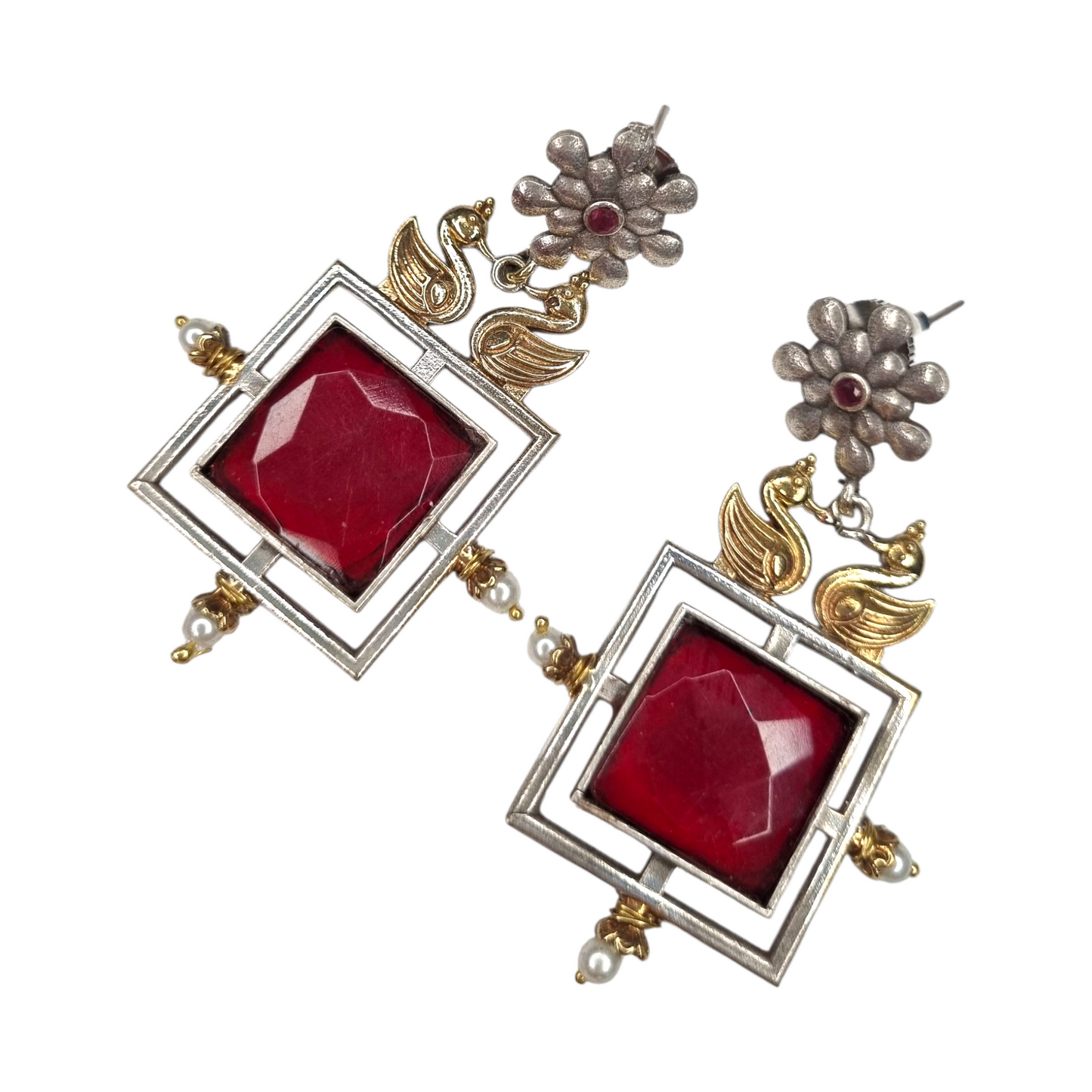 Ethnic Dangler Earrings with Swan Motif & Floral Stud