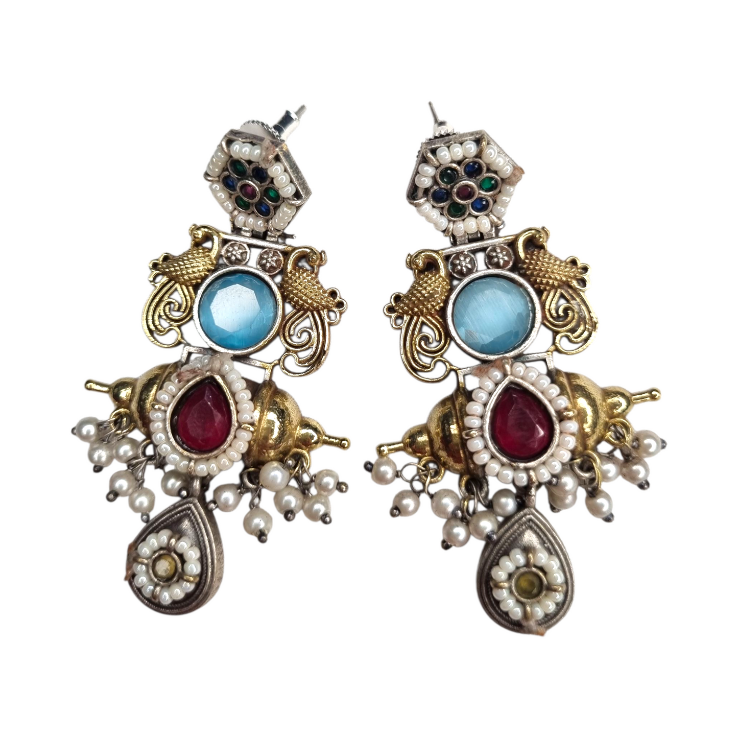 Ethnic Ruby Monalisa Stone Earrings with Pearl Drops & Antique Finish
