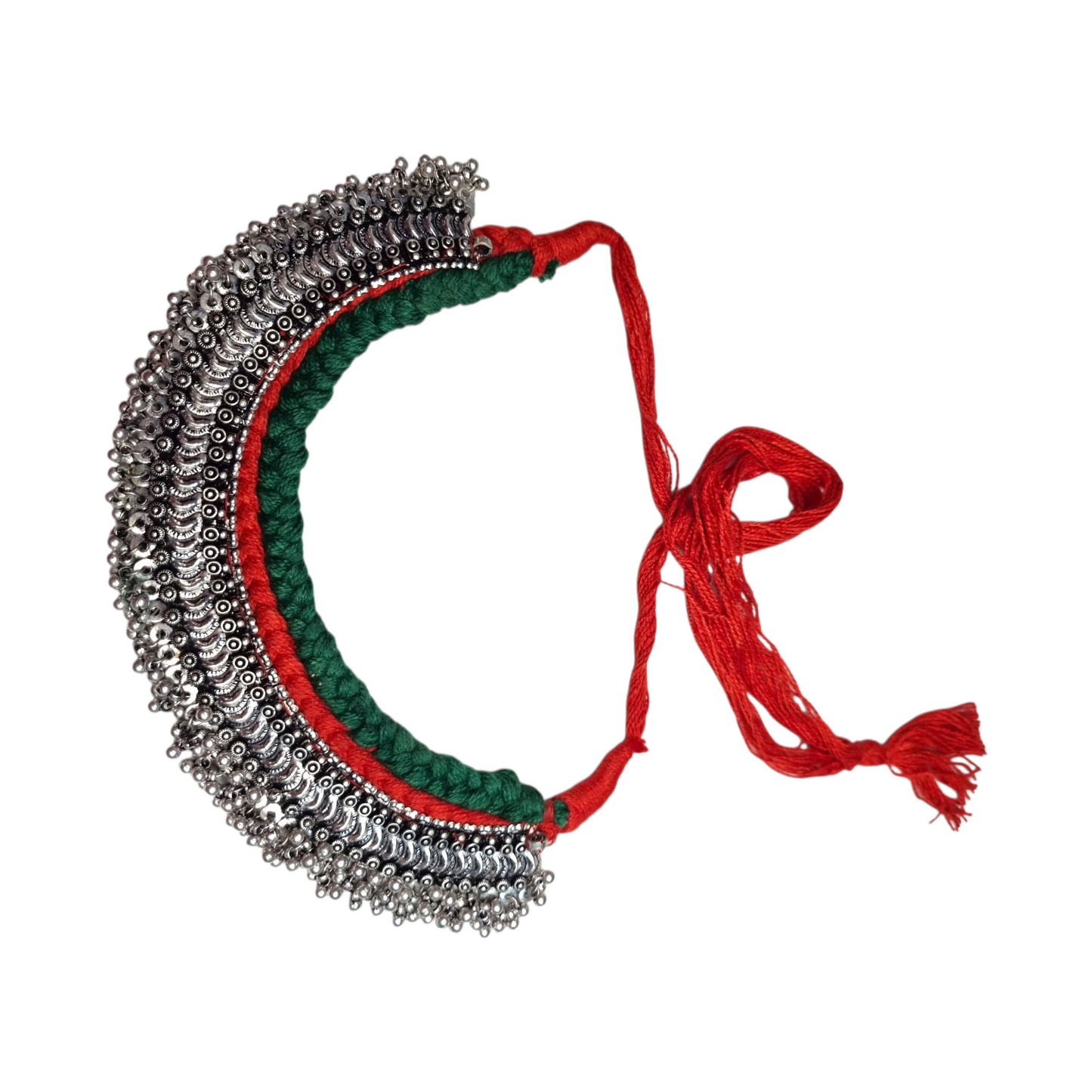 Sajobhi's Oxidized Silver Tribal Coin Choker Necklace with Red & Green Thread Work