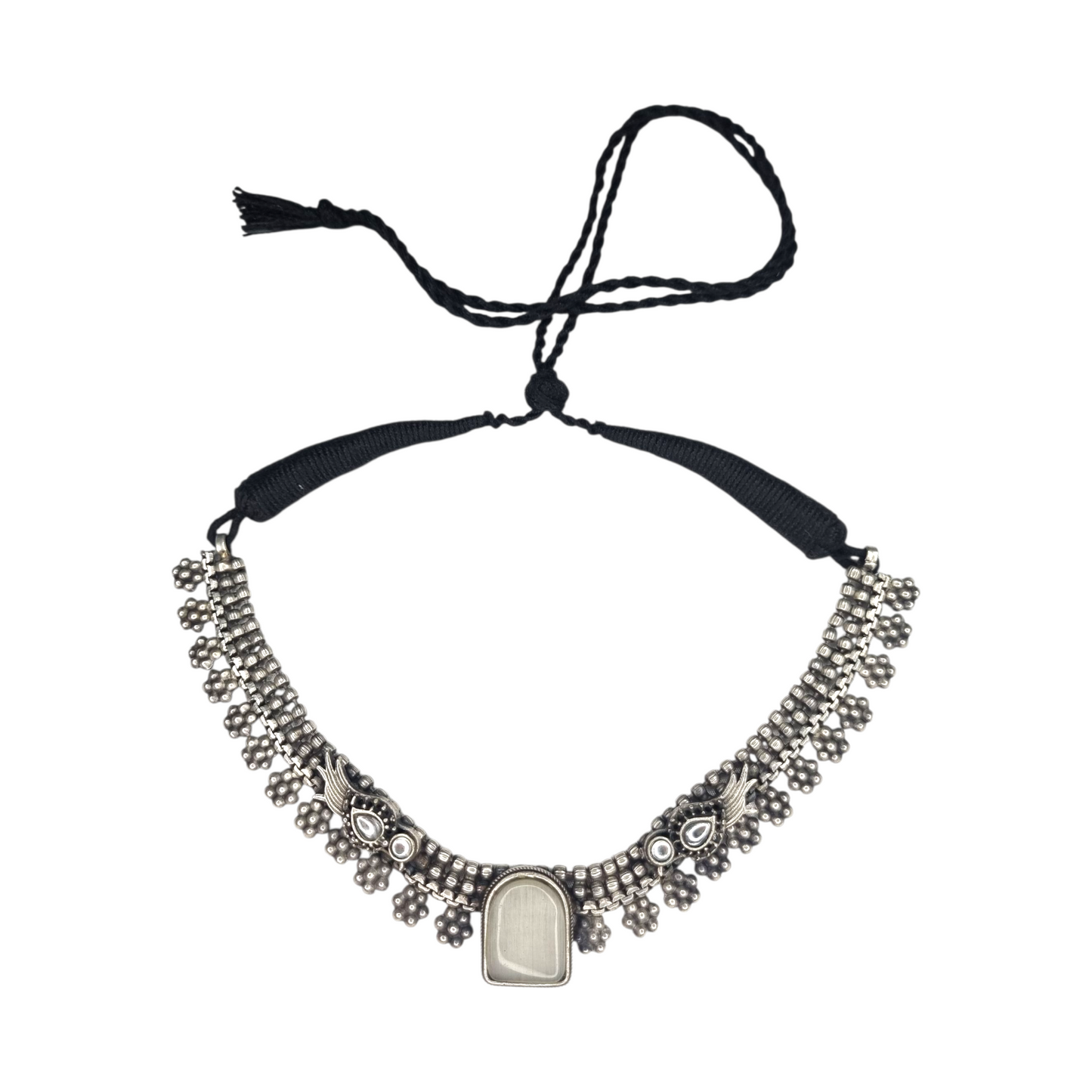 Oxidized Brass Tribal Necklace with Grey Stone & Floral Drops | Adjustable Black Thread