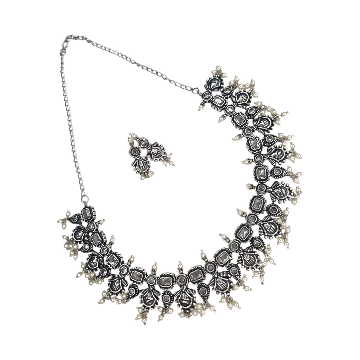 Vintage Oxidized Silver Necklace Set with Earrings – Ethnic Boho Design