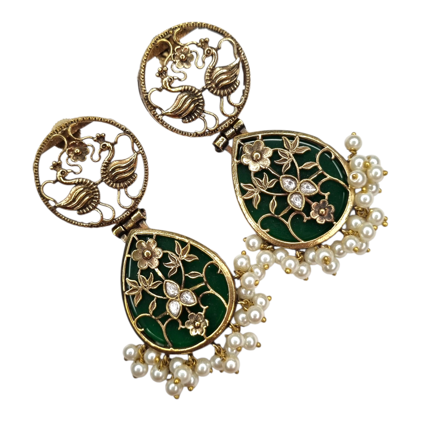 Traditional Indian Peacock Dangle Earrings with Green Enamel & Pearl Drops