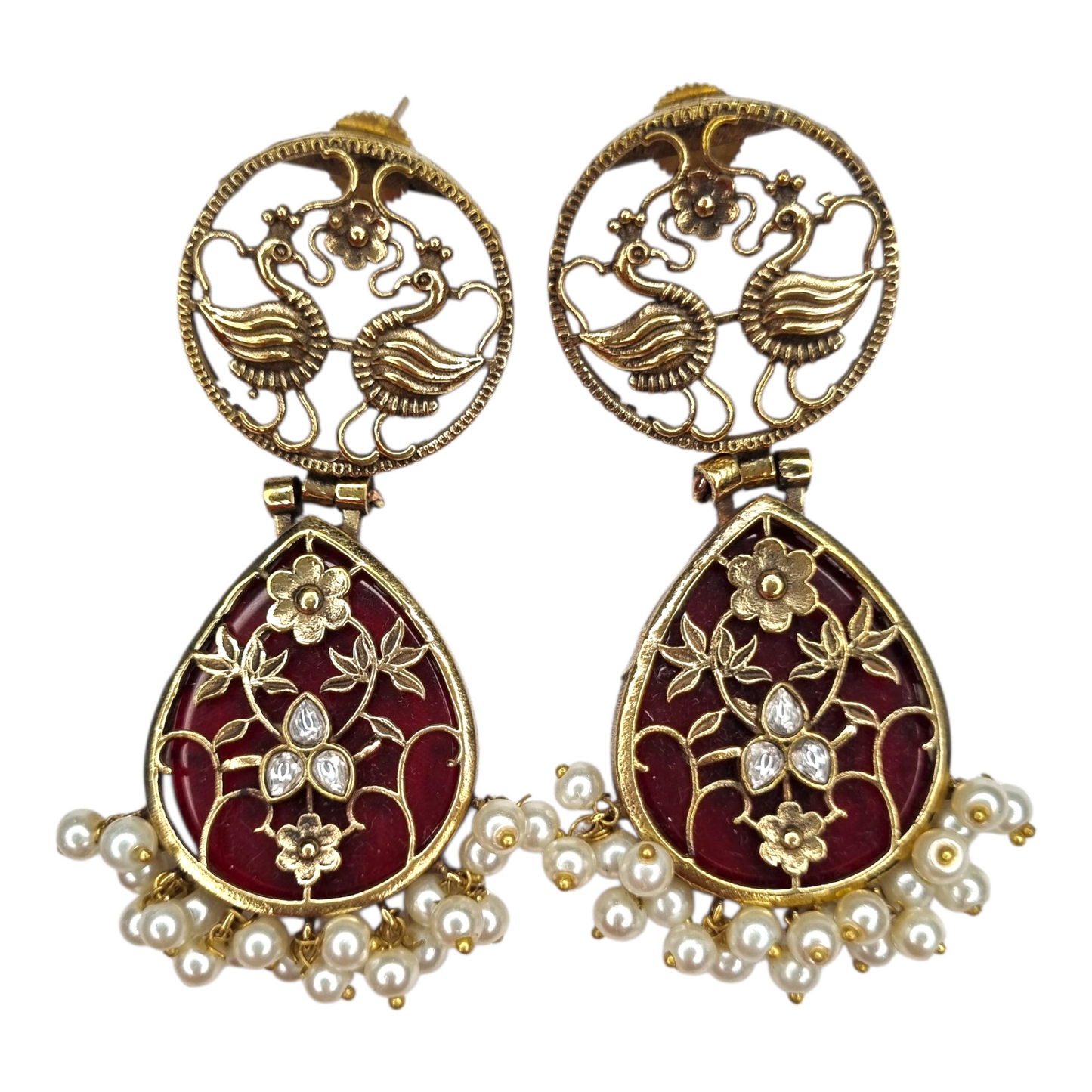 Traditional Indian Peacock Dangle Earrings with RedEnamel & Pearl Drops