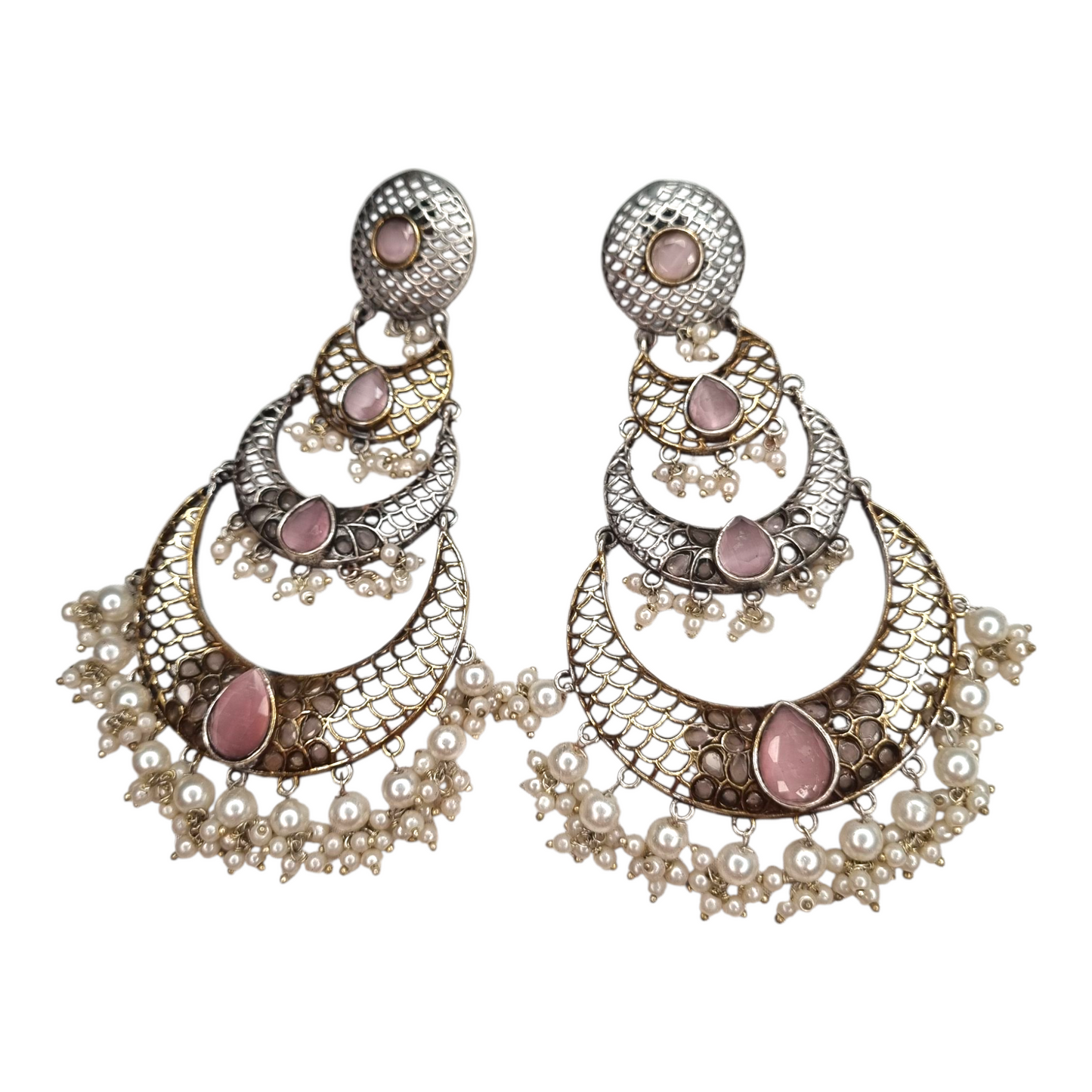 Traditional Kundan-Style Chandbali Earrings, Antique Silver Stones with Pearl Clusters, Brass Lattice Design