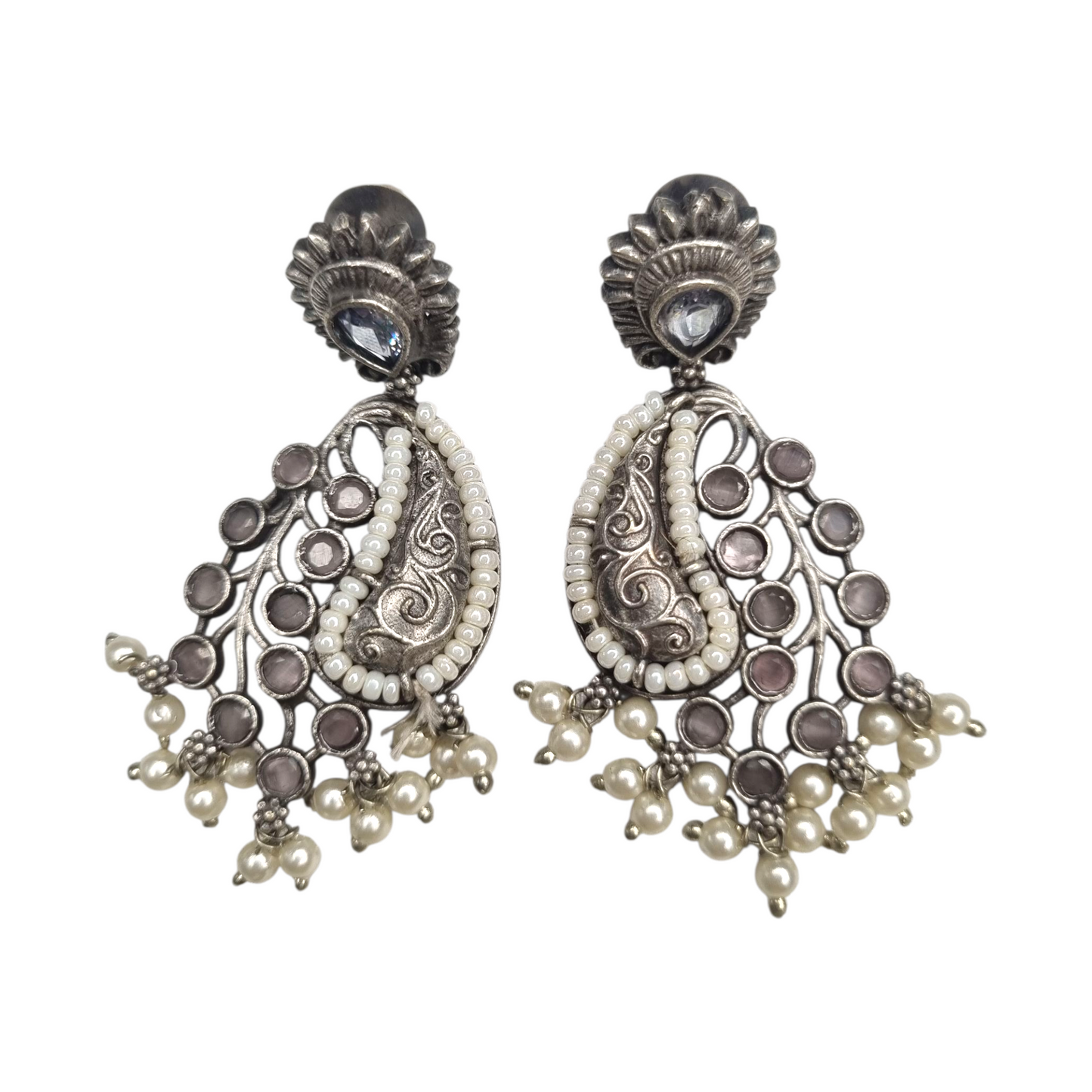 Antique Silver Paisley Earrings with Pearls & Multicolor Stones