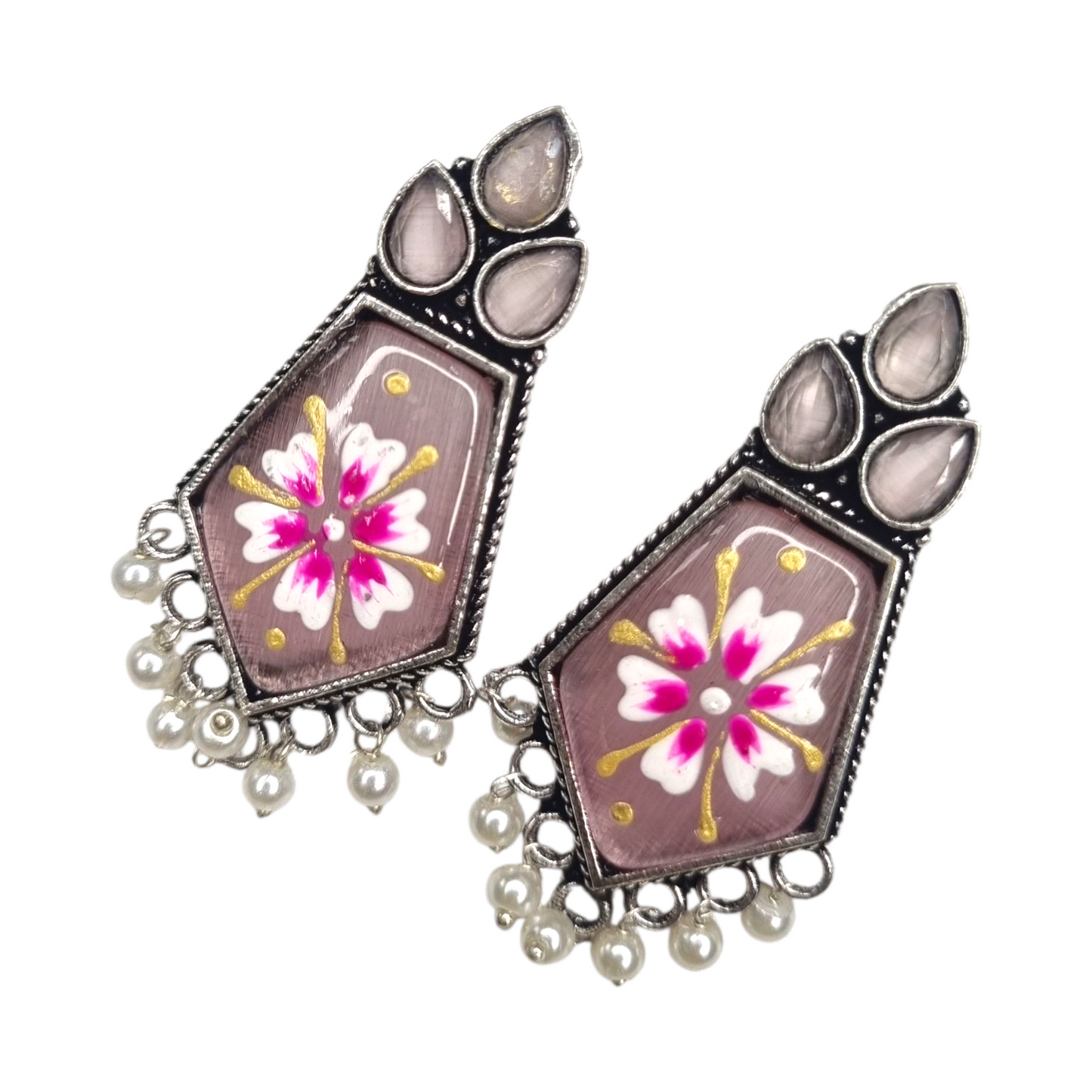 Hand-Painted Black Enamel Floral Earrings with Pearl Drops | Traditional Indian Dangler Jewelry for Women & Girls