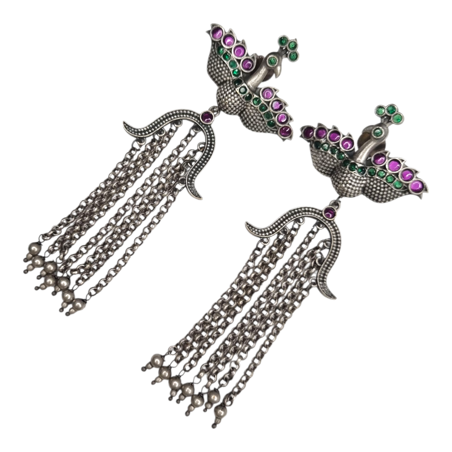 Oxidized Silver Peacock Jhumka Earrings with Green & Purple Stones – Traditional Indian Ethnic Dangle Jewelry for Women