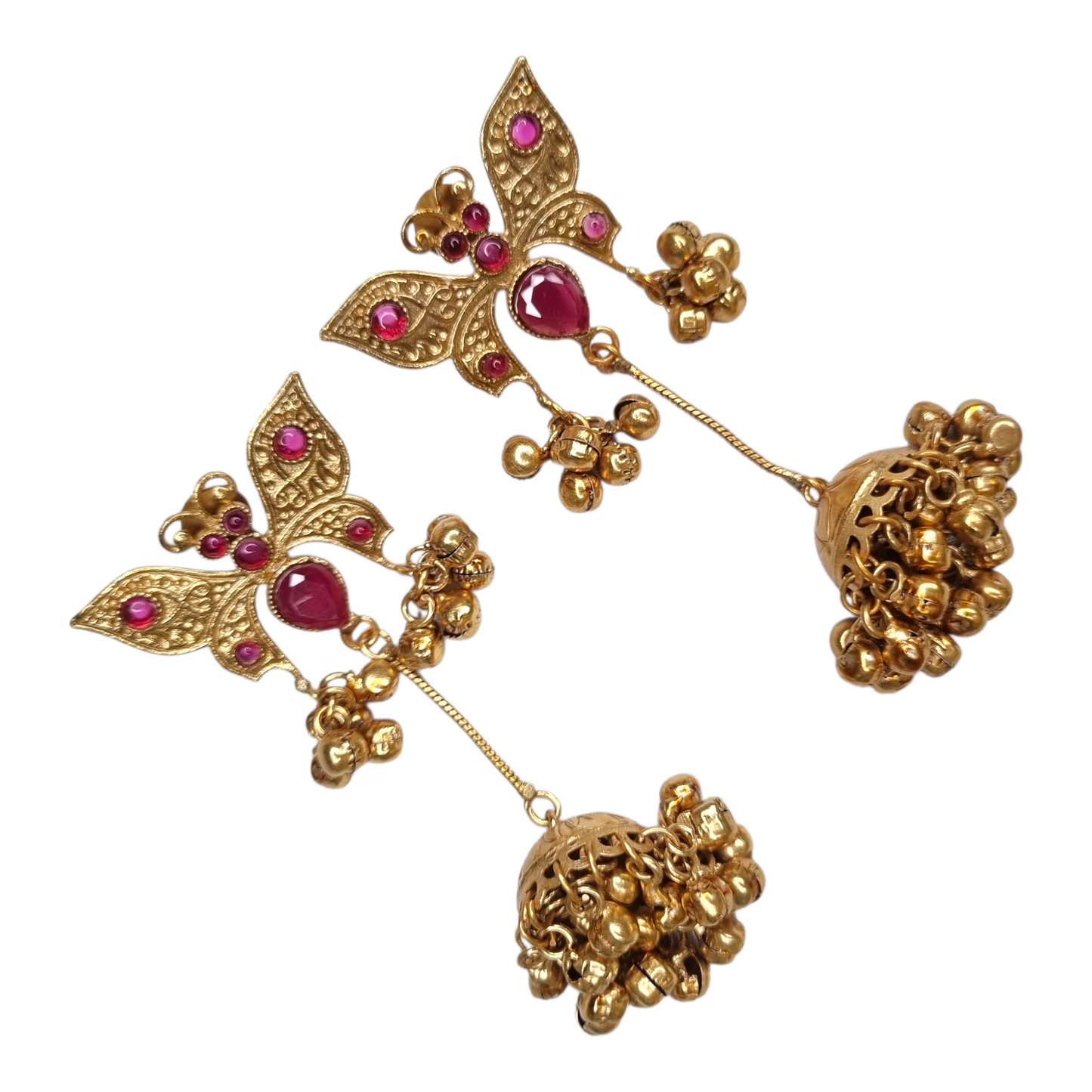 Traditional Gold-Tone Butterfly Jhumka Earrings with Pink Stones & Ghungroo Drops
