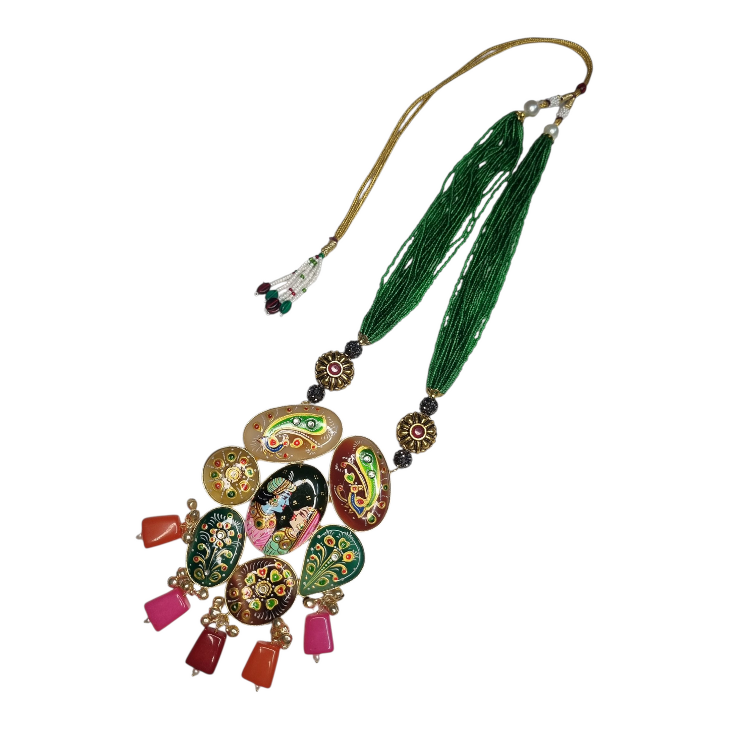 Hand-Painted Lord Krishna Pendant Necklace with Pearl & Crystal Earrings - Traditional Indian Ethnic Jewelry Set for Women