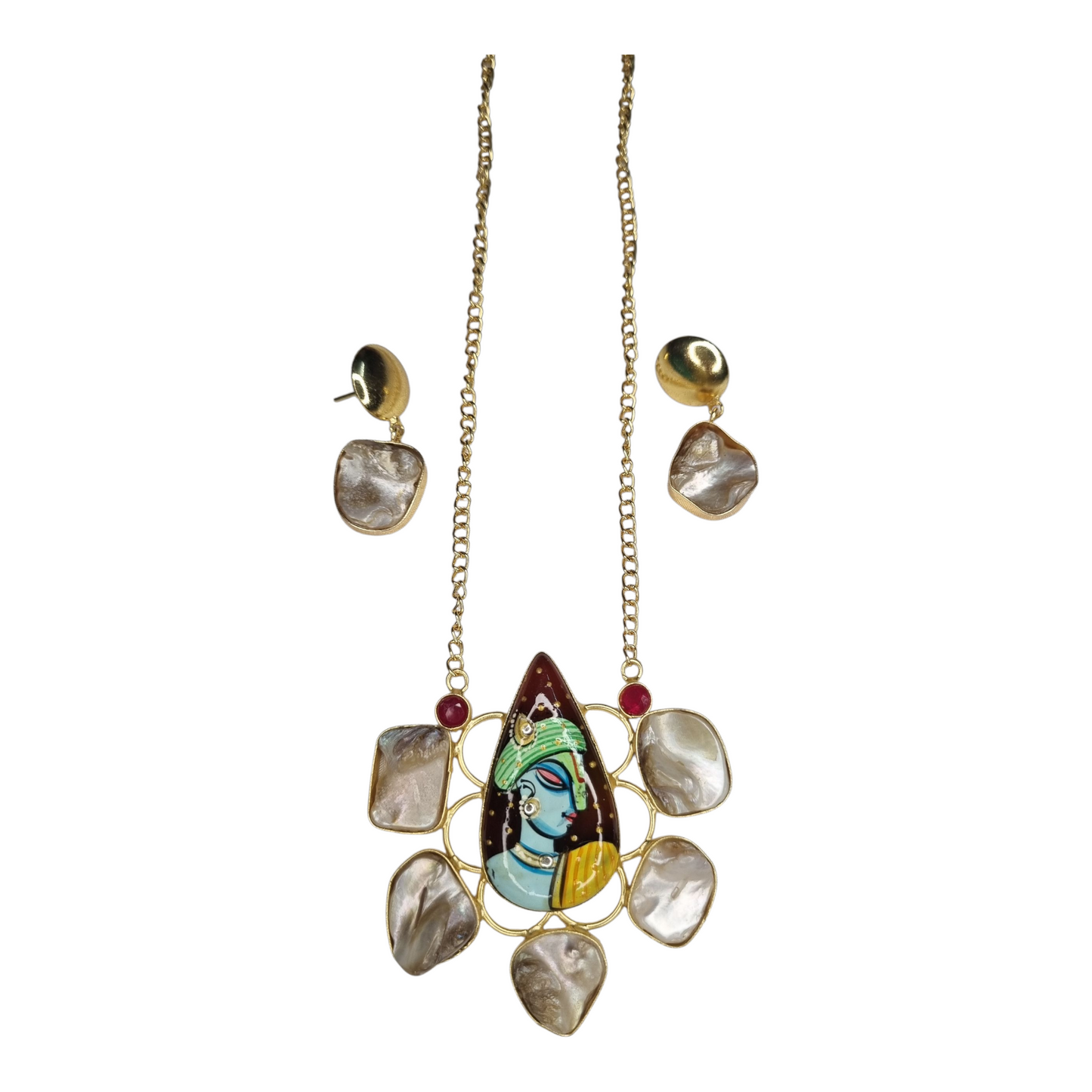 Hand-Painted Krishna Pendant Necklace with Pearl Earrings