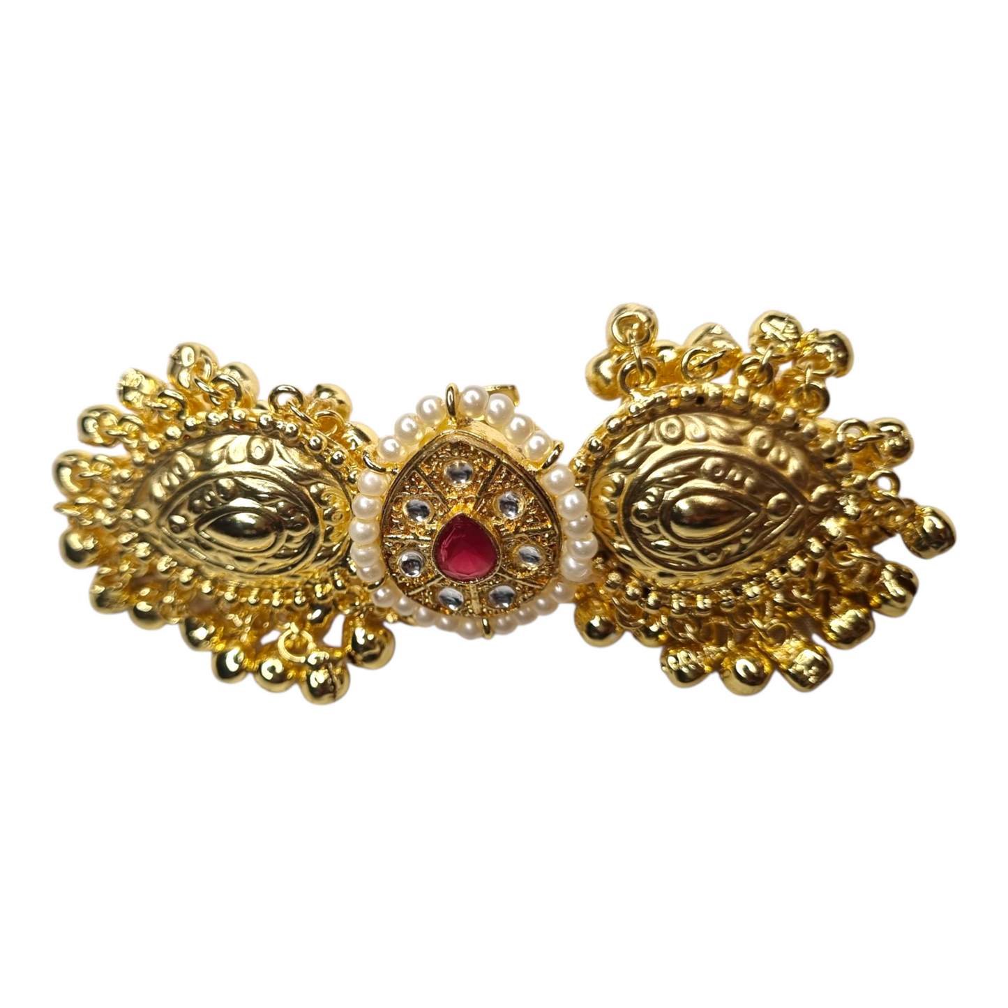 Traditional Gold-Plated Brass Adjustable Ring with Red Stone & Pearl Detailing – Ethnic Indian Jewelry
