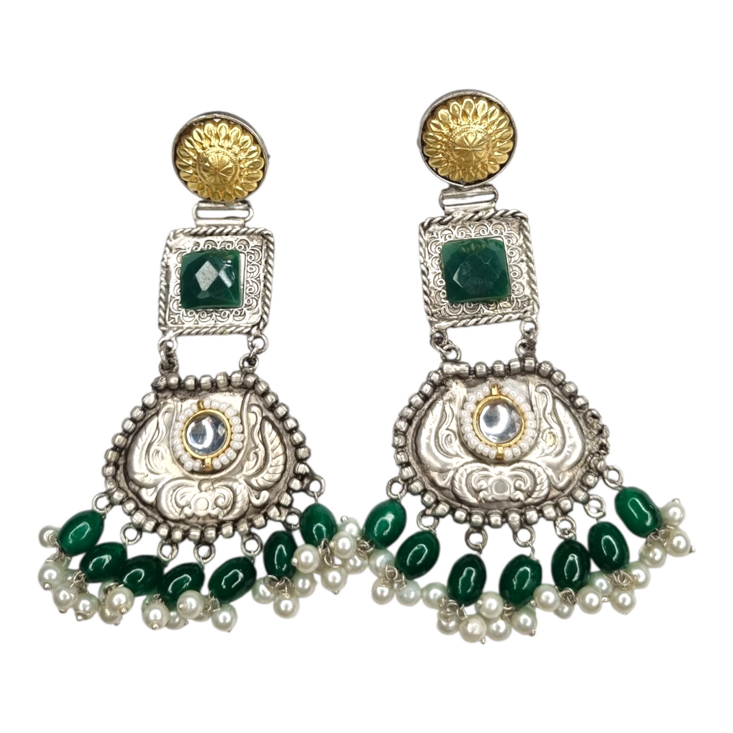 Traditional Kundan Pearl Dangle Earrings, Silver-Gold Tone, Red Beads, Antique Brass Design