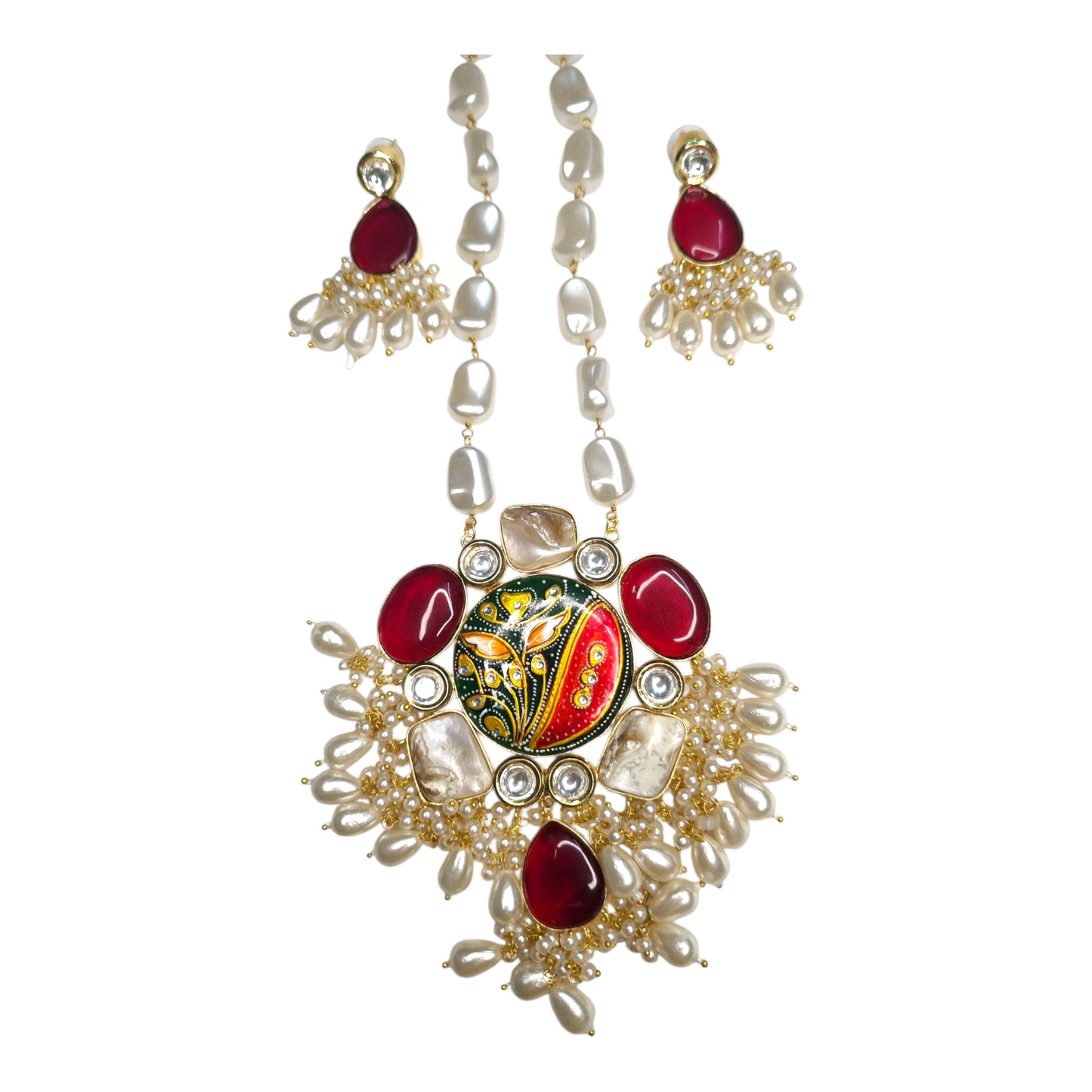 Rani Saahiba Pichwai Art Statement Necklace Set with Pearls, Kundan, and Red Stones
