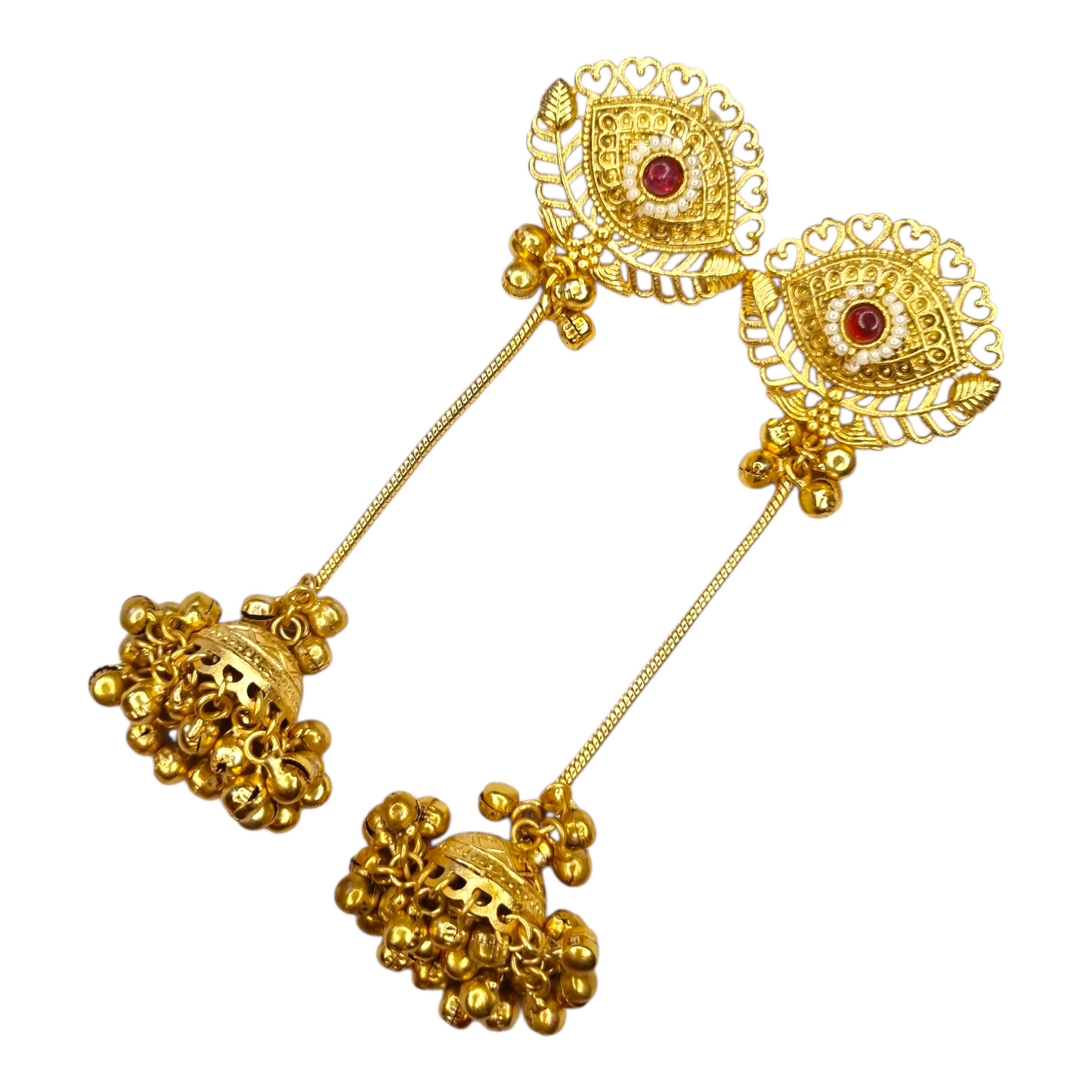 Kashmiri Earrings for Women | Traditional Brass Long Jhumka Earrings with Red Stone & Chain Drop | Ethnic Wedding Jewelry
