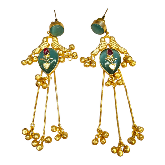 Kashmiri Earrings for Women | Brass Long Dangler Earrings with Enamel & Floral Motif | Traditional Festive Jewelry