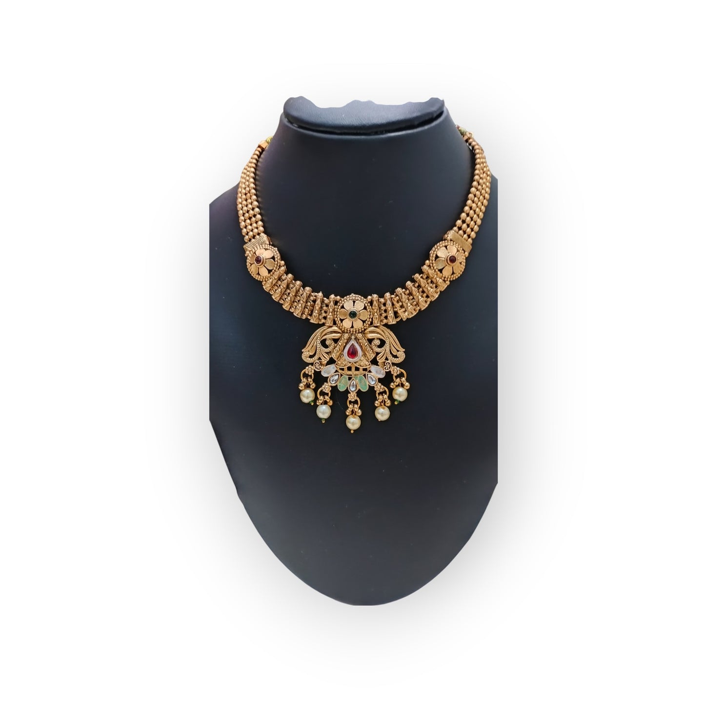 Traditional Matte Gold Temple Necklace Set with Earrings
