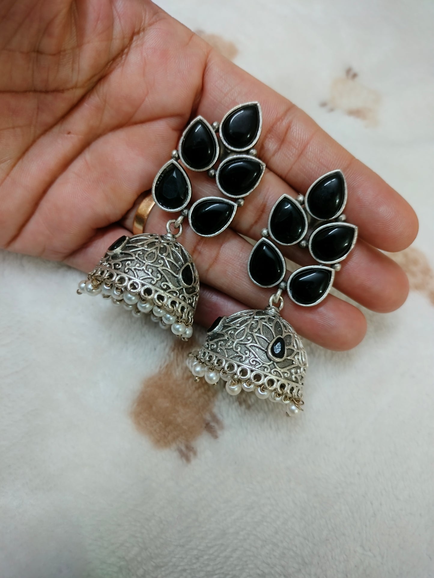 Sajobhi™ Bohemian Oxidized Silver Jhumkas with Teardrop Black Stones