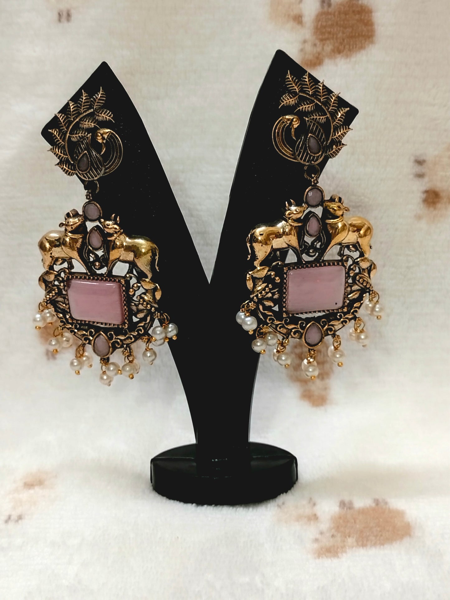 Sajobhi™ Traditional Temple Jewellery Inspired Pink Stone & Pearl Earrings