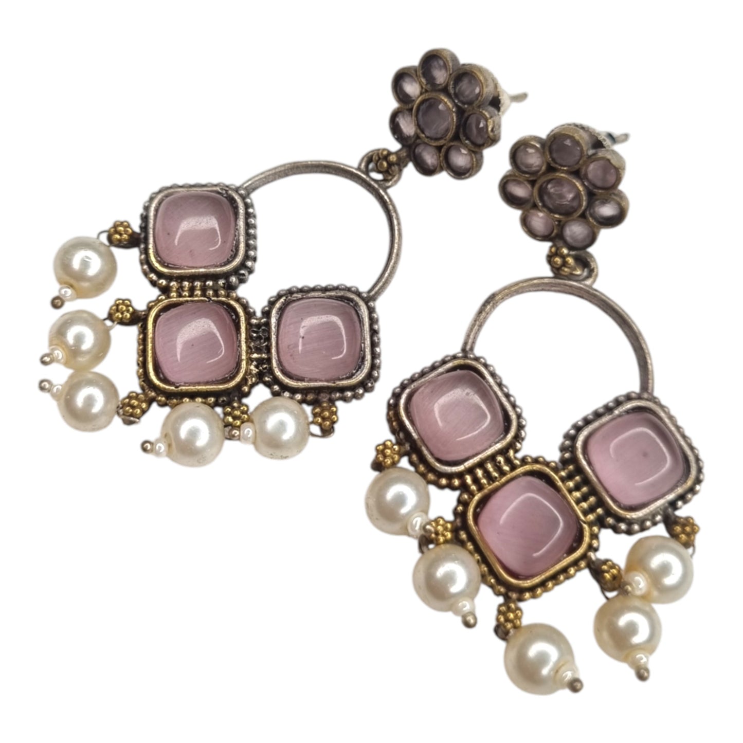 Oxidized Brass Pink Stone & Pearl Drop Earrings | Geometric & Mixed Metal Design