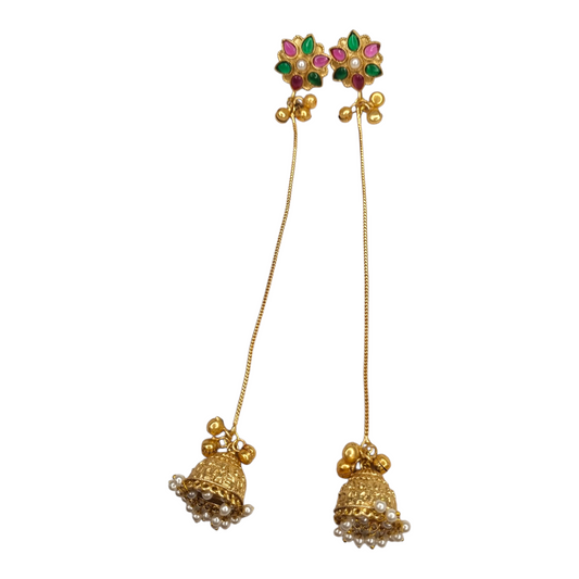 Kashmiri Jhumka Earrings for Women | Long Drop Earrings with Floral Top & Pearl Detailing | Traditional Brass Ethnic Jewelry for Weddings & Festivals