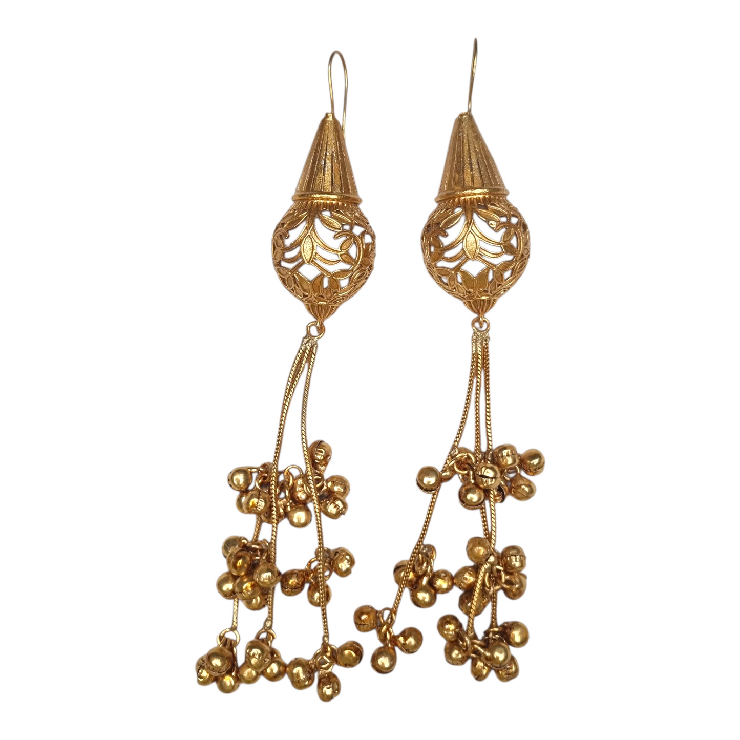 Traditional Kashmiri Jhumka Earrings, Golden Filigree Design with Dangling Ghungroo Bells, Matte Gold Finish