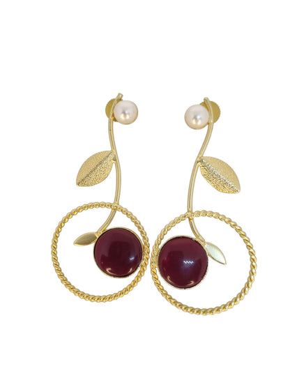 Golden Cherry Drop Earrings with Pearl Studs