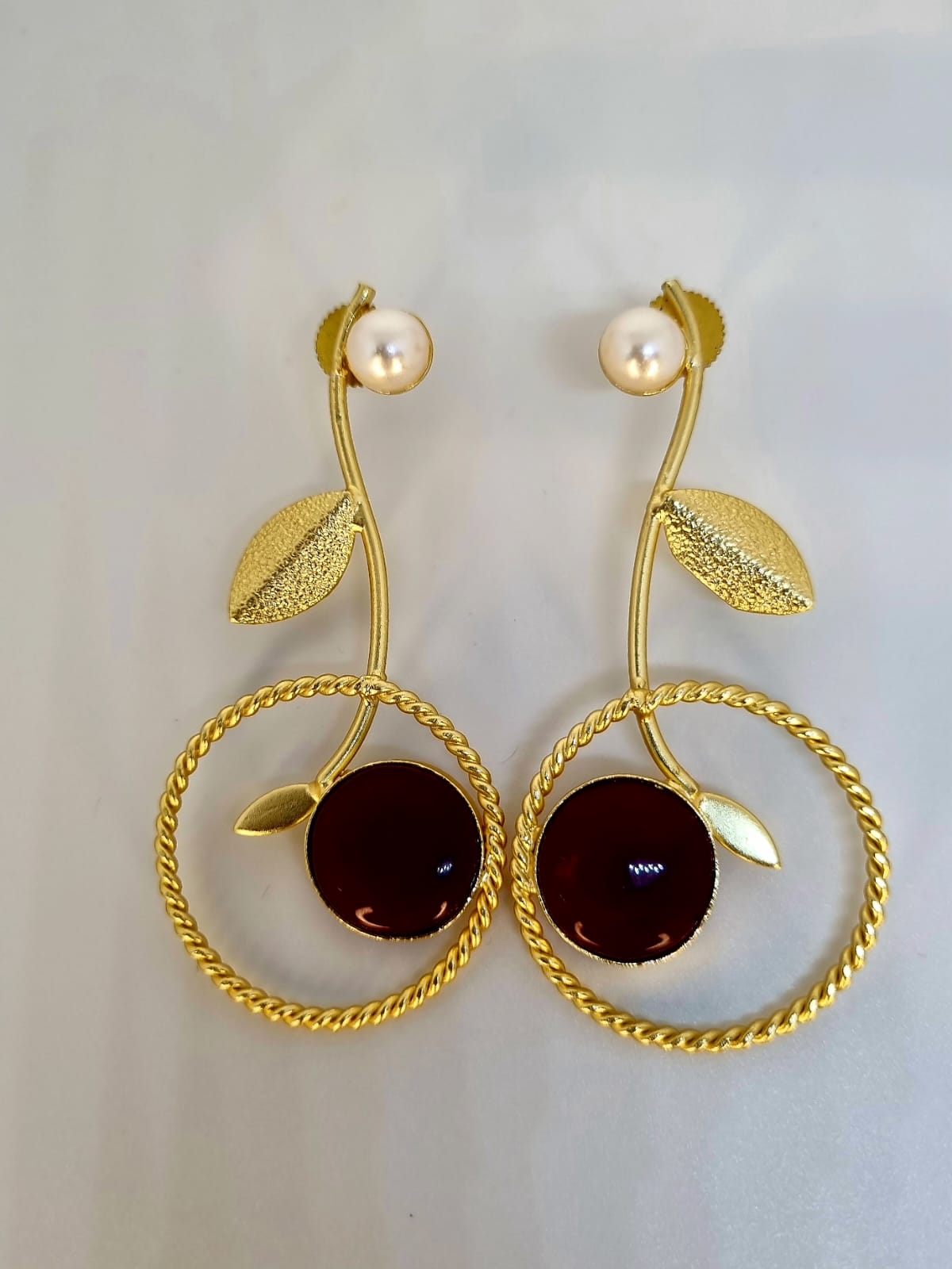 Golden Cherry Drop Earrings with Pearl Studs