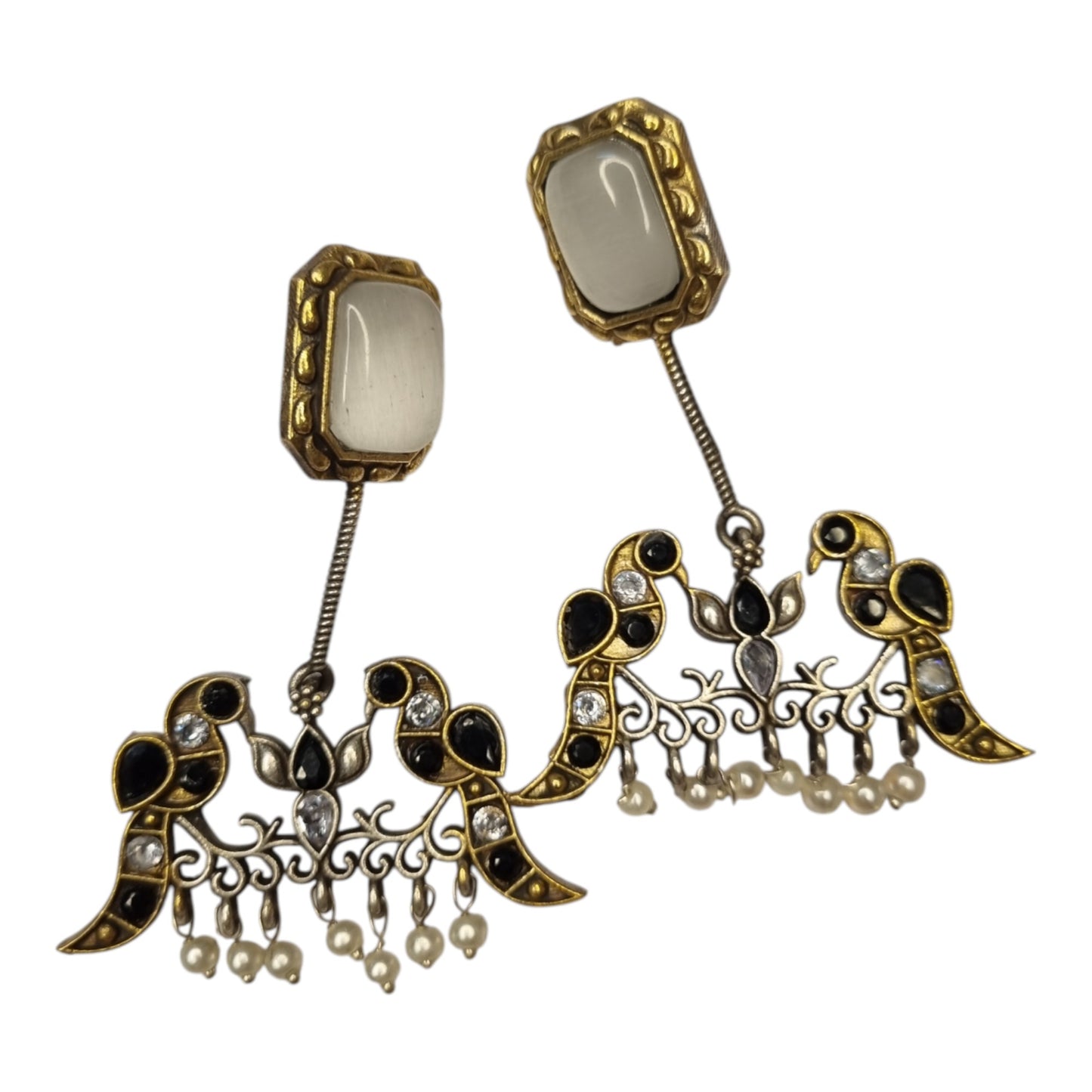 Antique Dual Parrot Drop Earrings with Pearl Tassels