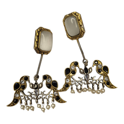 Antique Dual Parrot Drop Earrings with Pearl Tassels