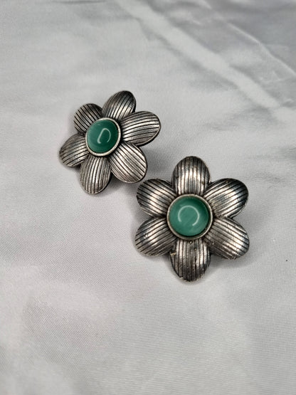 Sajobhi™ Rustic Petal Flower Earrings with Green Gem Accent