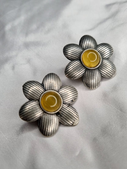 Sajobhi™ Rustic Petal Flower Earrings with Yellow Gem Accent