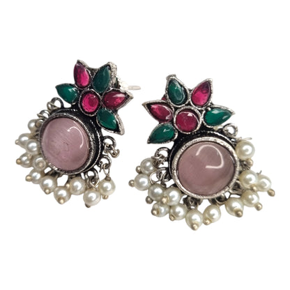 Exquisite Oxidized Silver Look Earrings with Pink Stone, Pearls & Multi-Color Accents