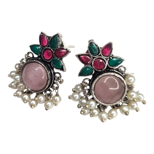 Exquisite Oxidized Silver Look Earrings with Pink Stone, Pearls & Multi-Color Accents