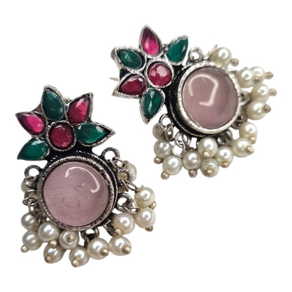Exquisite Oxidized Silver Look Earrings with Pink Stone, Pearls & Multi-Color Accents