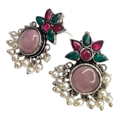 Exquisite Oxidized Silver Look Earrings with Pink Stone, Pearls & Multi-Color Accents