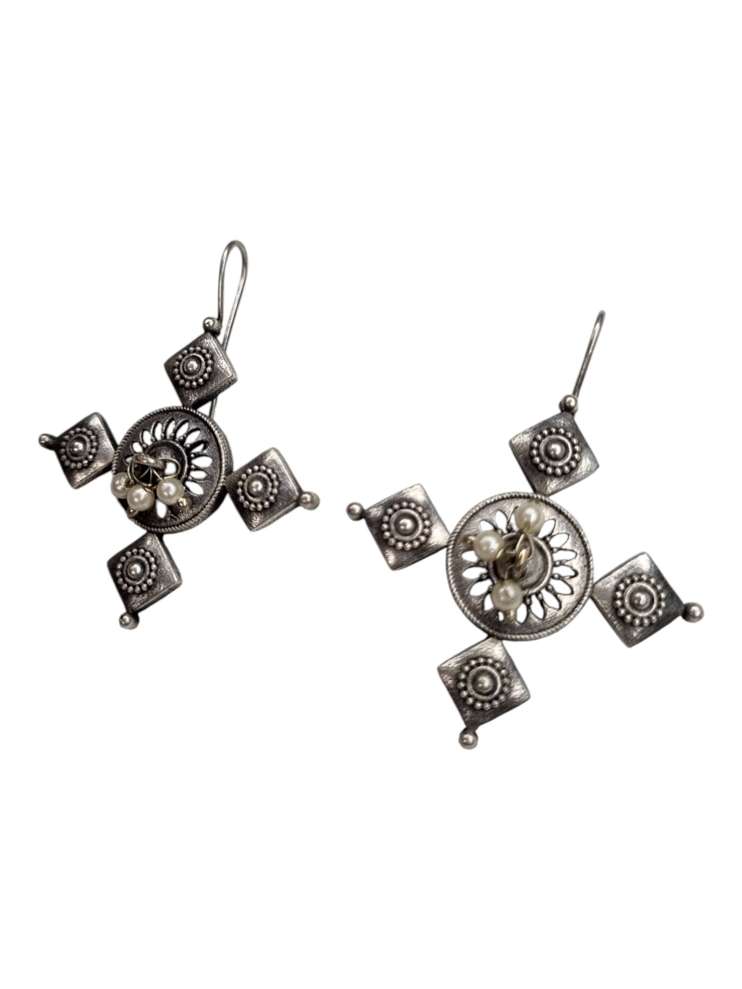 Artisan Oxidized Silver Starburst Drop Earrings with Pearl Accents - Boho Ethnic Design