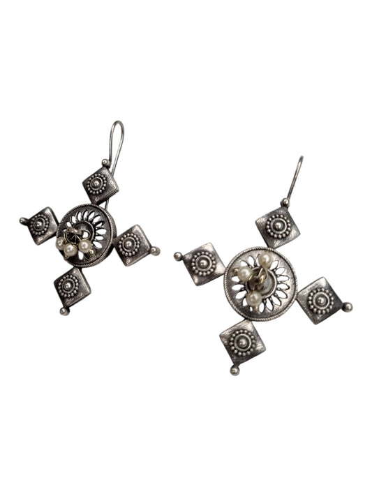 Artisan Oxidized Silver Starburst Drop Earrings with Pearl Accents - Boho Ethnic Design