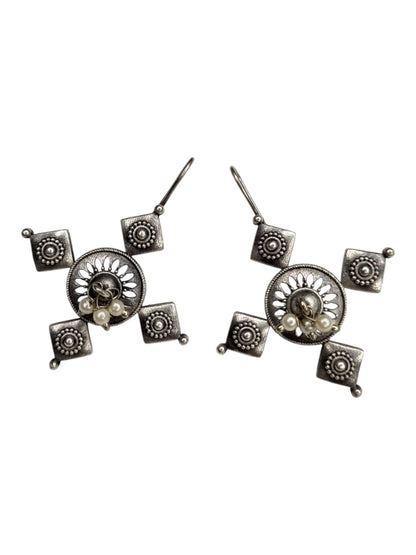 Artisan Oxidized Silver Starburst Drop Earrings with Pearl Accents - Boho Ethnic Design