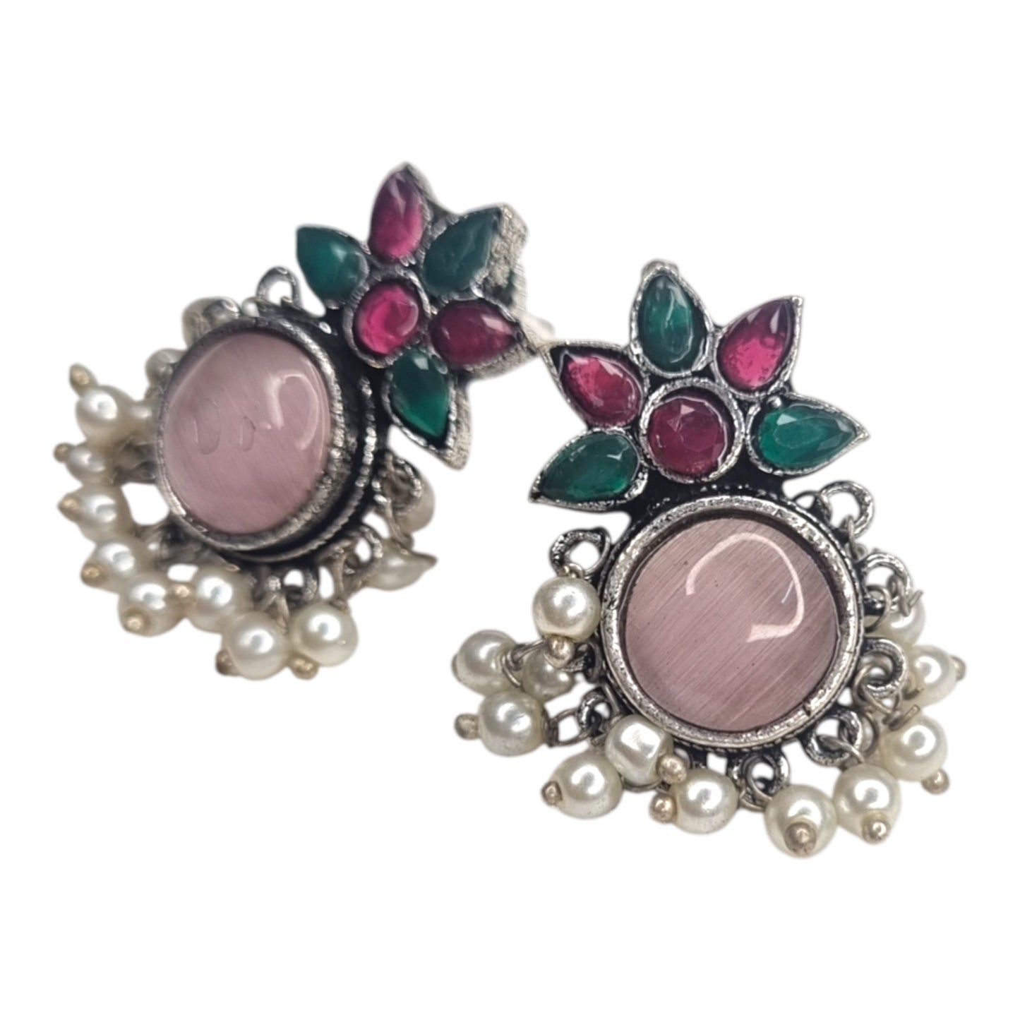 Exquisite Oxidized Silver Look Earrings with Pink Stone, Pearls & Multi-Color Accents