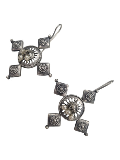 Artisan Oxidized Silver Starburst Drop Earrings with Pearl Accents - Boho Ethnic Design