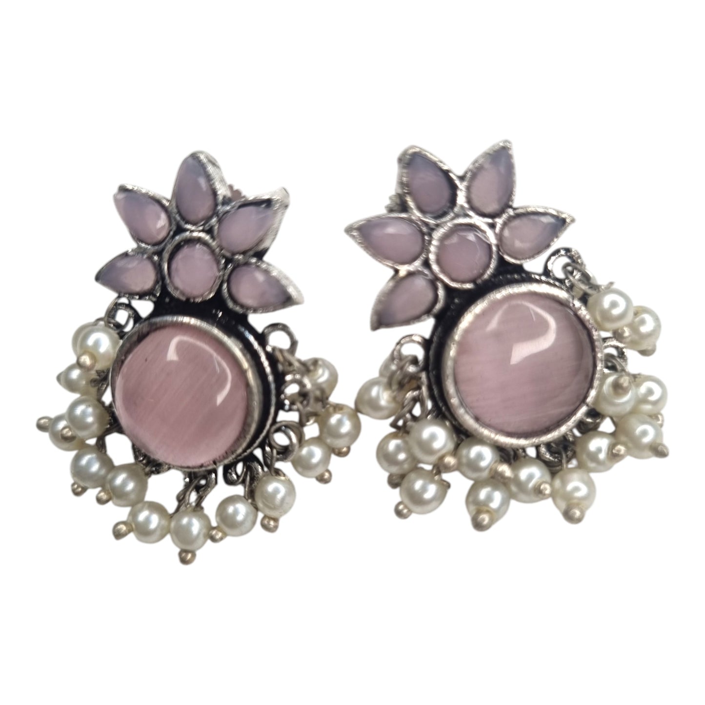 Oxidized Silver Look Pink Stone Earrings | Multi-Color Accents & Pearl Drops