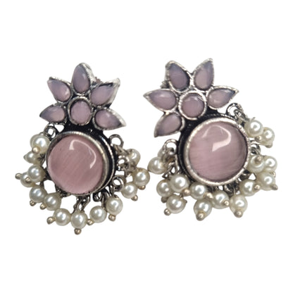 Oxidized Silver Look Pink Stone Earrings | Multi-Color Accents & Pearl Drops