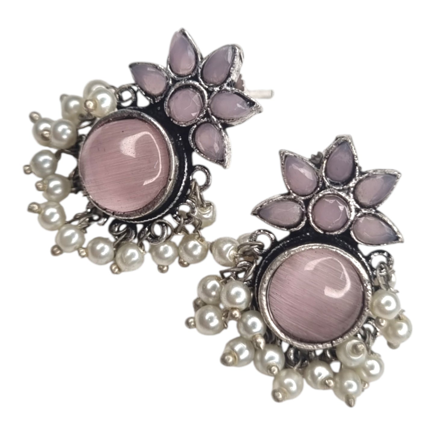 Oxidized Silver Look Pink Stone Earrings | Multi-Color Accents & Pearl Drops
